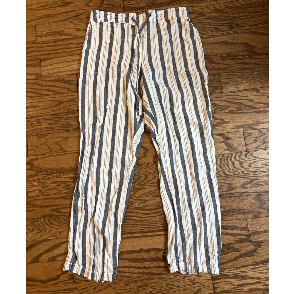 Women’s Per Se Large Linen Blend Striped Pull On Tie Drawstring Pants 4 Pockets